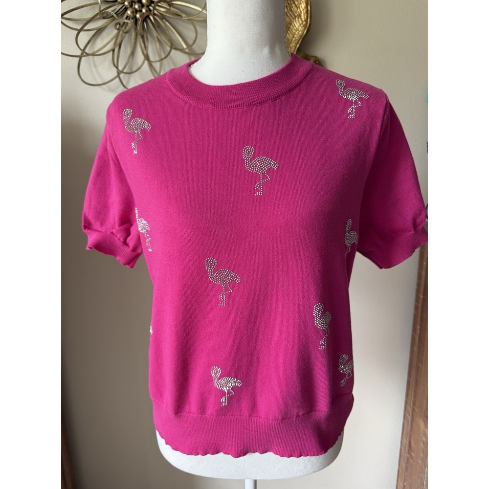 Nanette Lepore Pink Rhinestone Flamingo Sweater M Novelty Tropical Short Sleeve